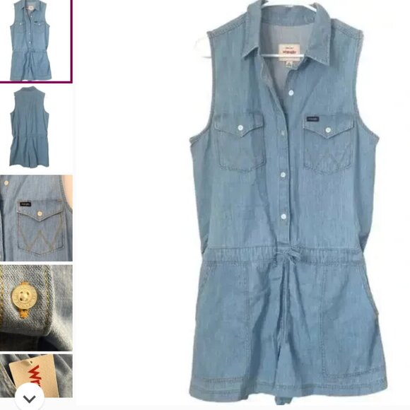 WRANGLER DENIM BUTTON UP SLEEVELESS TIE WAIST ROMPER NWT L - Picture 1 of 1